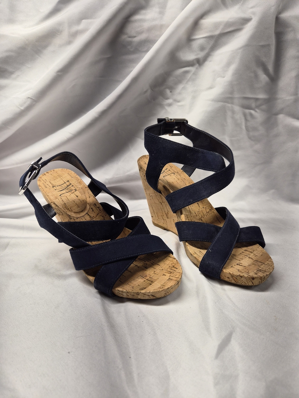 INC International Concepts Navy Cork Wedge Sandals with Crisscross Straps